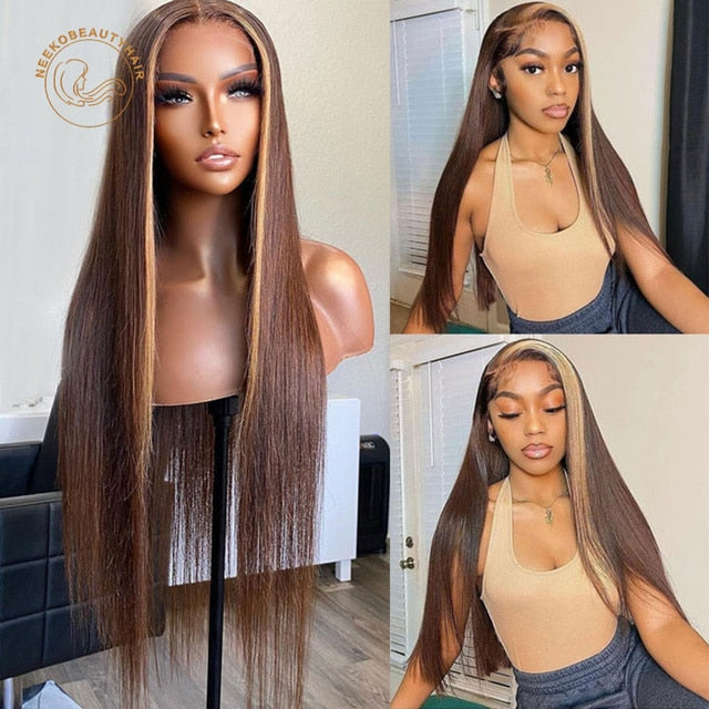 NeekoBeauty Highlight Ombre Straight Human Hair Transparent Lace Font Wigs