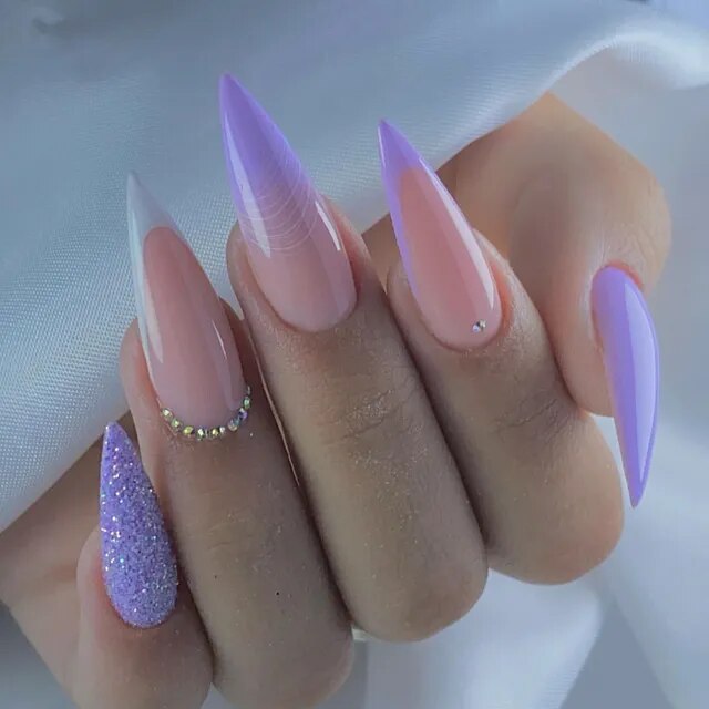 Fashion Long Pointed False French Press on Nails in 24pcs