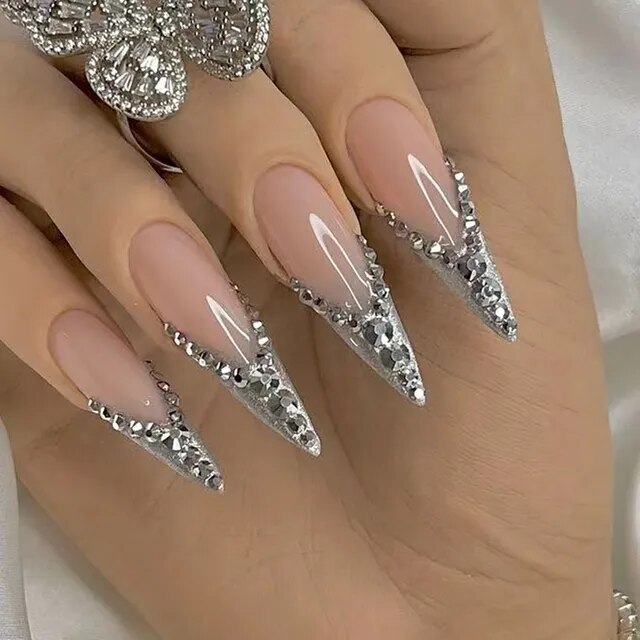 Fashion Long Pointed False French Press on Nails in 24pcs