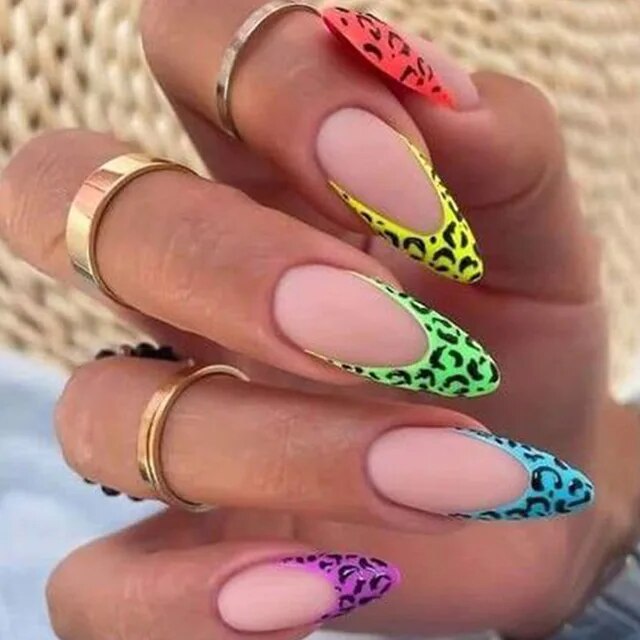24pcs Long Almond False Nails Green Wave Leopard Print