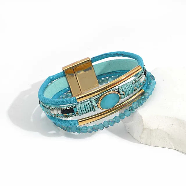 ALLYES Boho Blue Multilayer Braided Leather Bracelet