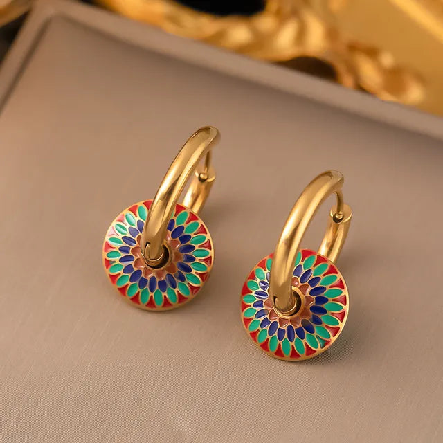 316l Stainless Steel Non-Fading Vintage Painted Flower Pattern Necklace Earrings Set