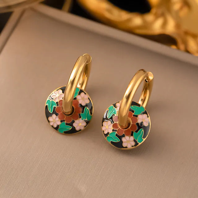 316l Stainless Steel Non-Fading Vintage Painted Flower Pattern Necklace Earrings Set