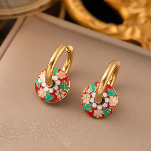 316l Stainless Steel Non-Fading Vintage Painted Flower Pattern Necklace Earrings Set