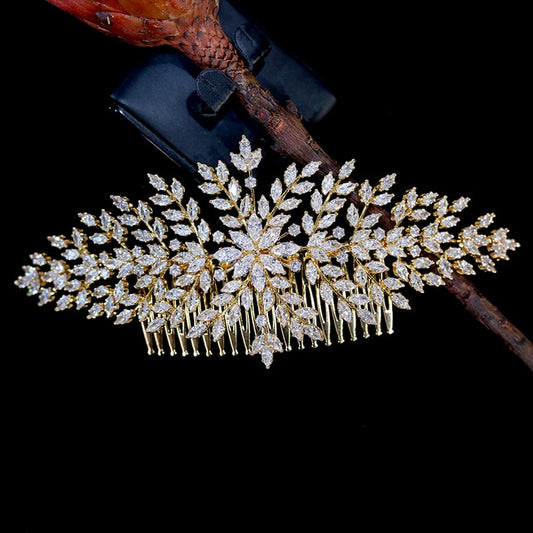 ASNORA AAA CZ Wedding Bridal Hair Comb , Metal color - Gold-color