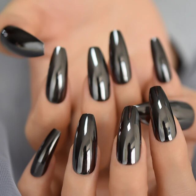Coffin Long Ballet Metallic Mirror False Nails