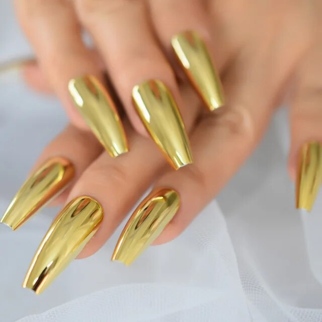 Coffin Long Ballet Metallic Mirror False Nails
