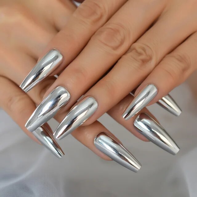 Coffin Long Ballet Metallic Mirror False Nails