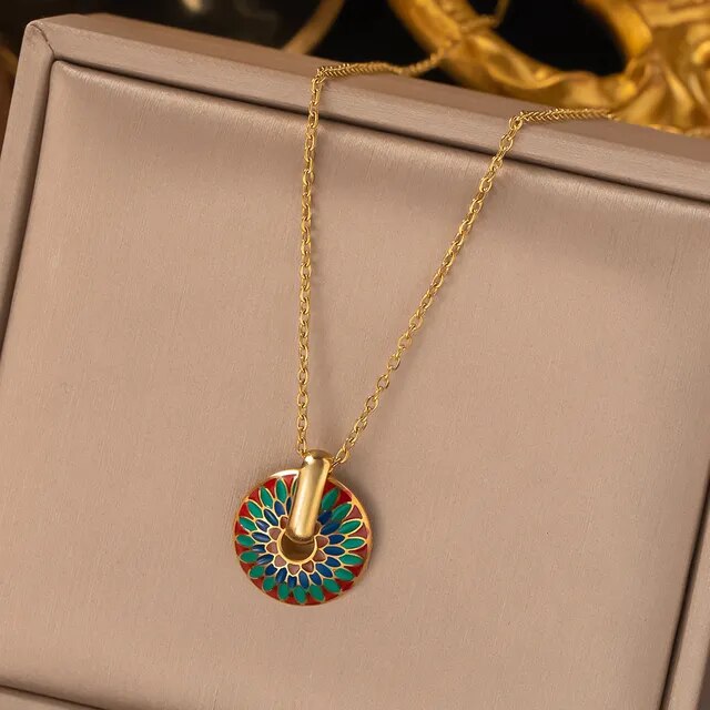 316l Stainless Steel Non-Fading Vintage Painted Flower Pattern Necklace Earrings Set