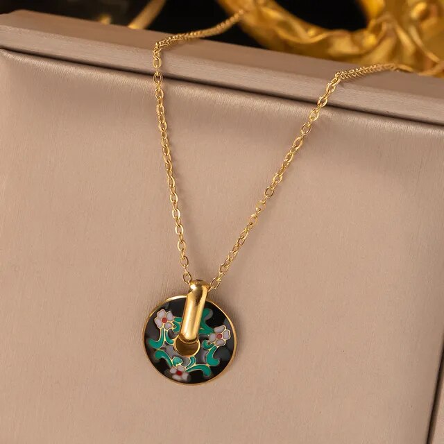 316l Stainless Steel Non-Fading Vintage Painted Flower Pattern Necklace Earrings Set