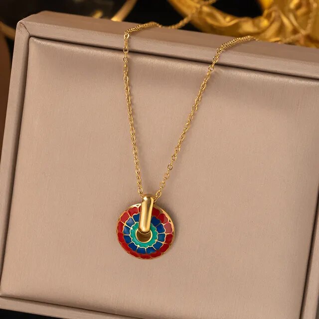 316l Stainless Steel Non-Fading Vintage Painted Flower Pattern Necklace Earrings Set