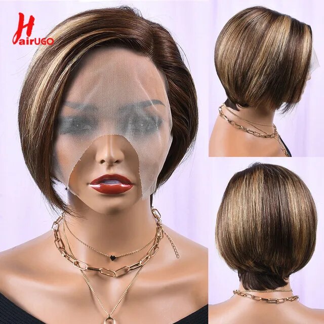 HairUGo Highlight Orange Short Pixie Cut Part Human Hair Lace Wigs