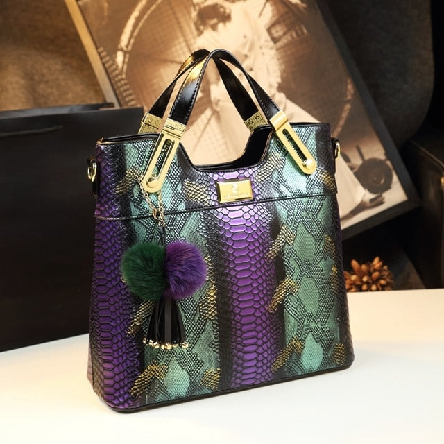 Luxury Cowhide Leather Chain Serpentine portable Tote Handbag