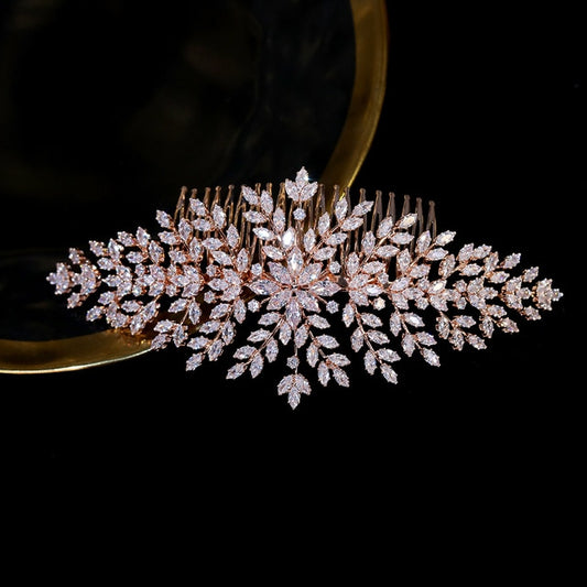 ASNORA AAA CZ Wedding Bridal Hair Comb , Metal color - Rose Gold Color