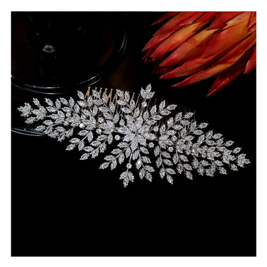 ASNORA AAA CZ Wedding Bridal Hair Comb , Metal color - Silver