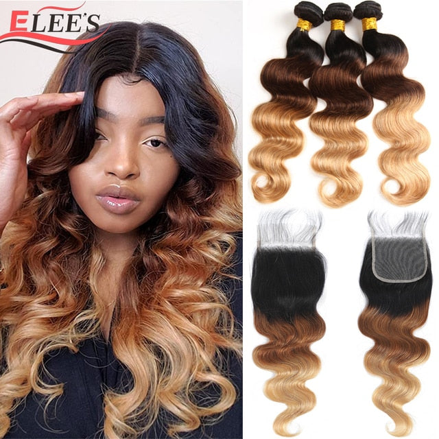 Ombre Body Wave Bundles With Closure - Hair Bundles With Lace Closures
