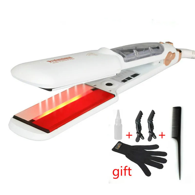 Professional Steam Hair Straightener Infrared Care Ceramic Coated 2 Inch Wide Plates