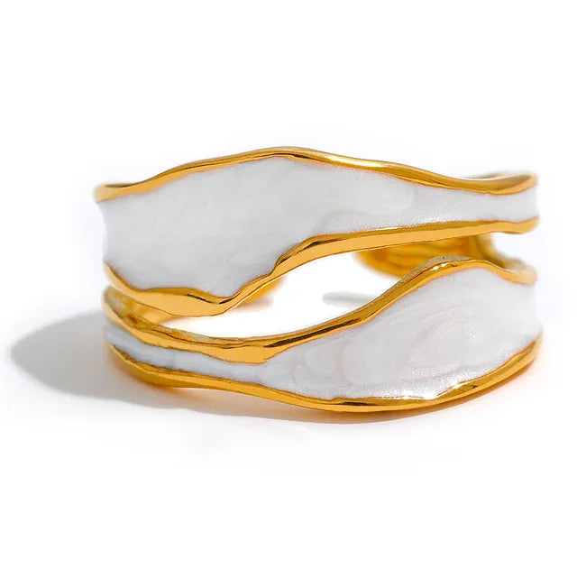 Yhpup Fashion White Enamel Creative Irregular 316 Stainless Steel Open Ring