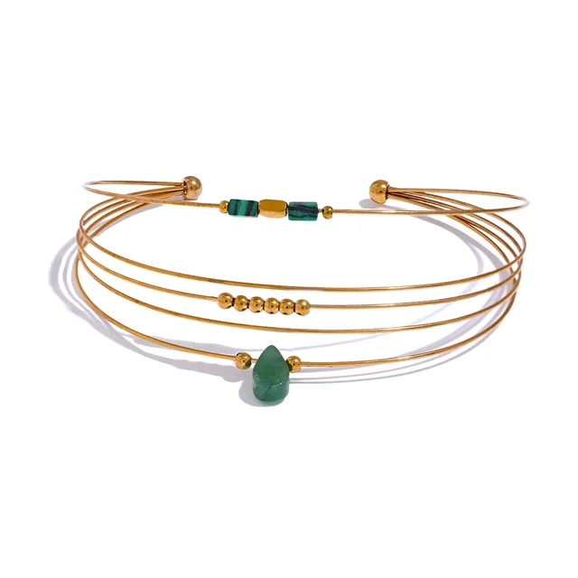 Yhpup 2023 Stainless Steel Green Agent Stone Multi-Layer Thin Circle Cuff Bracelet