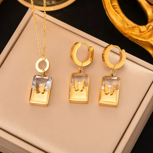 316l Stainless Steel Non-Fading Vintage Painted Flower Pattern Necklace Earrings Set