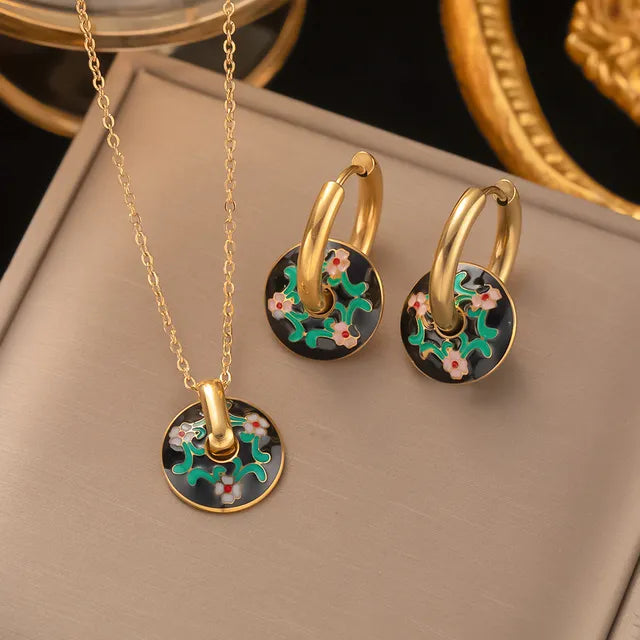 316l Stainless Steel Non-Fading Vintage Painted Flower Pattern Necklace Earrings Set
