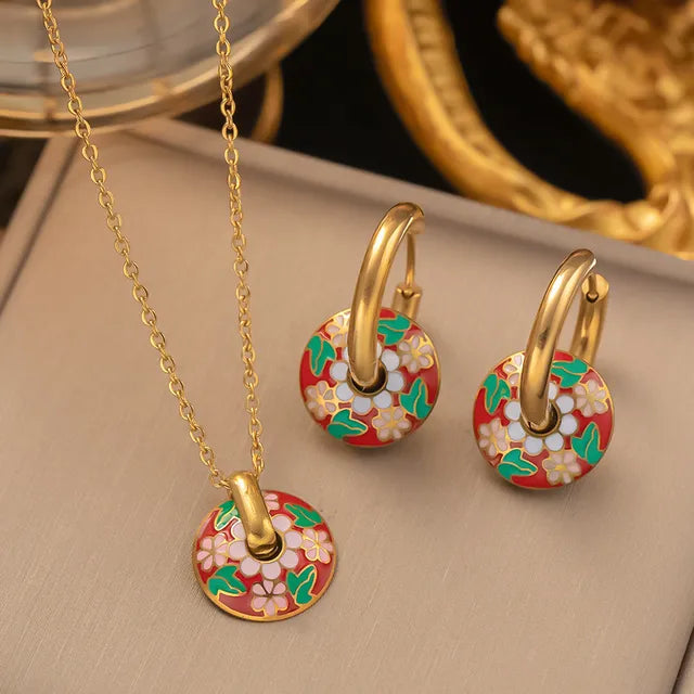 316l Stainless Steel Non-Fading Vintage Painted Flower Pattern Necklace Earrings Set