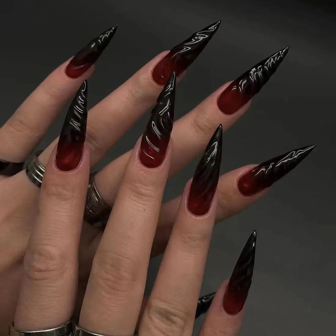 3D Red Black Gradient Halo Dyeing Long Pointed False Nails - Halloween