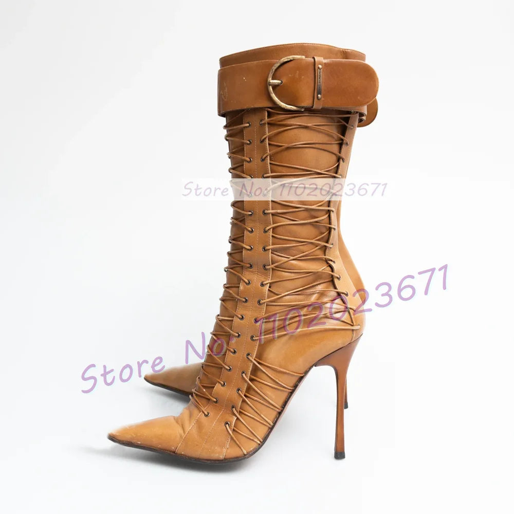 Tan Leather Pointed Toe Mid-calf Boots