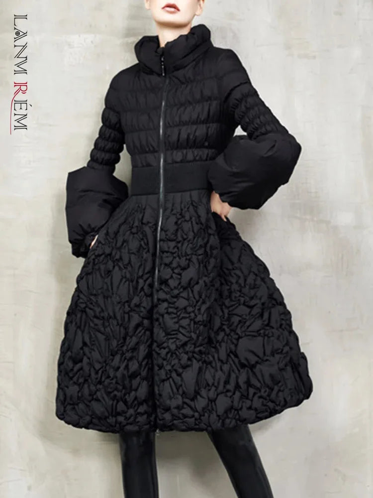 LANMREM Pleated Design Down Coat Slim A-line Black 2VV229