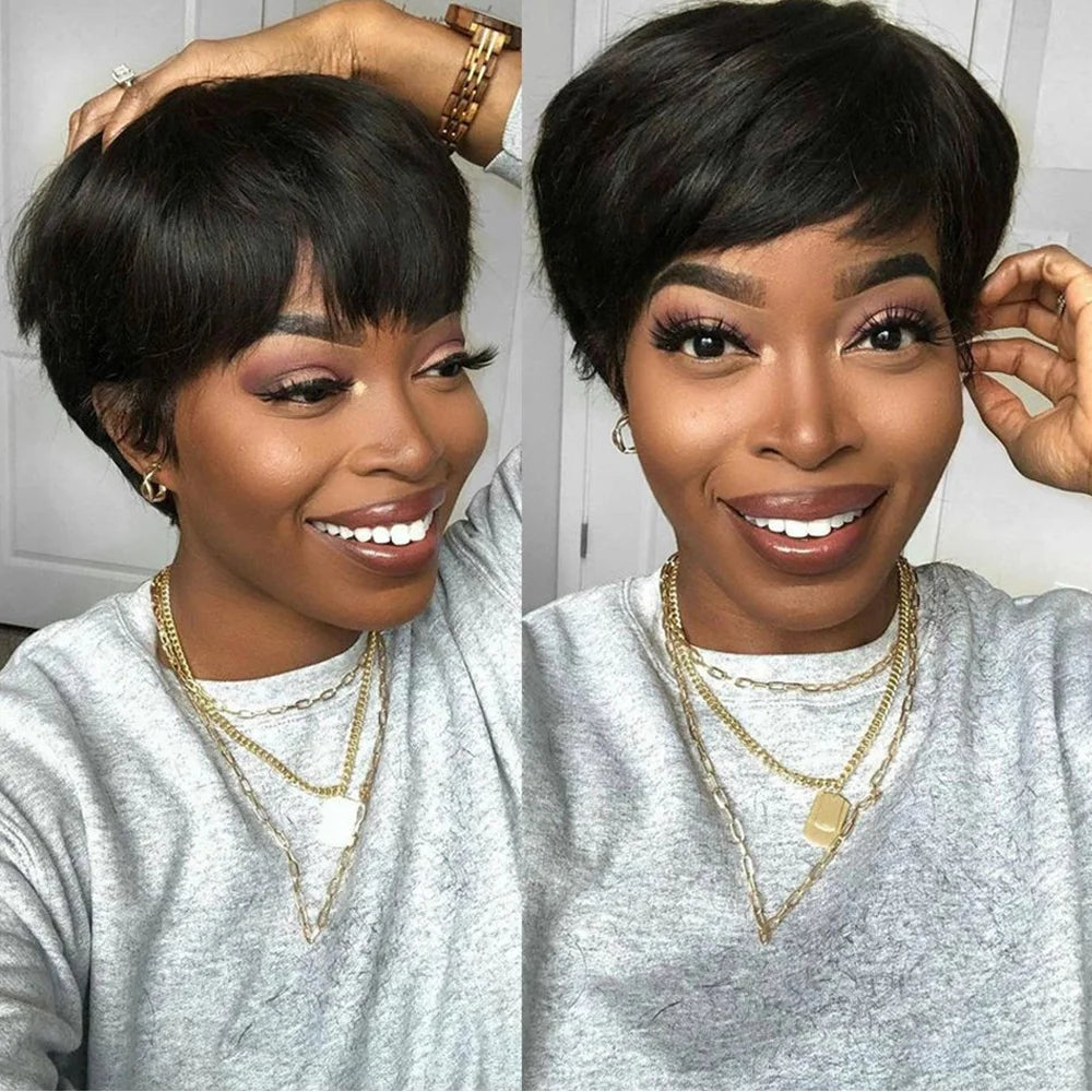 Short Human Hair Pixie Straight Wigs With Bangs