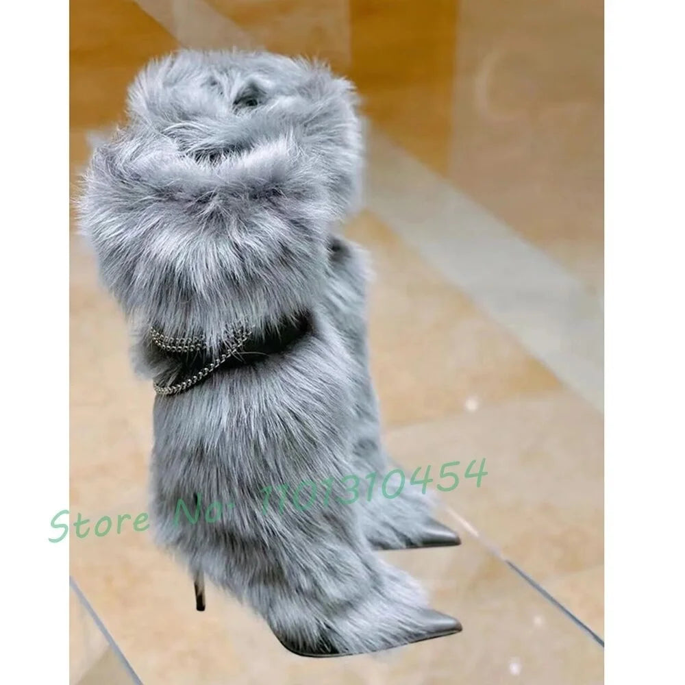 Grey Fur Chain Knee High Boots