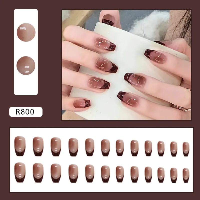 24pcs Short Ballet French Brown Blush Medium Nails Set Press-On Nails