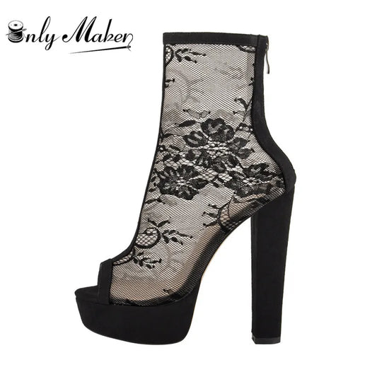 Onlymaker Peep Toe Platform Lace Mesh Ankle Booties