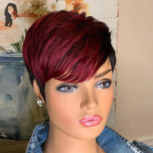 1b/99j Red Color Pixie Short Cut Bob Human Hair - Full Machine Wigs