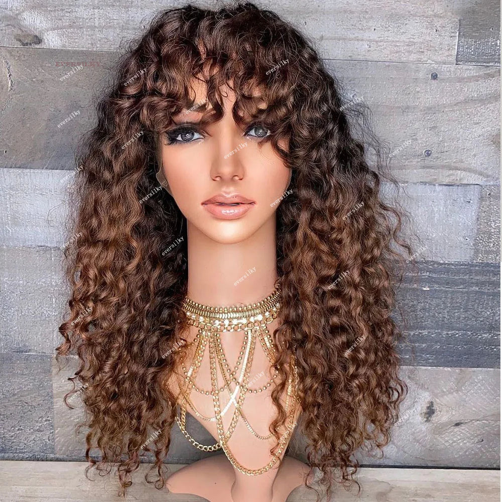 Ombre Chestnut Brown Kinky Curly With Bangs Lace Wig