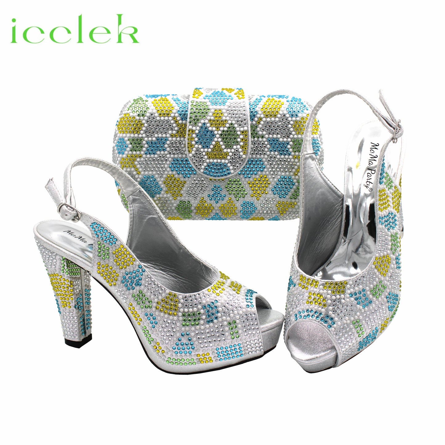 ICCLEK Silver Color Peep Toe Shoes Matching Bag Set