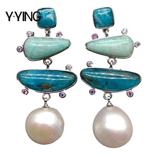 Y·YING White Freshwater Pearl Blue Apatite Green Amazonite Earrings