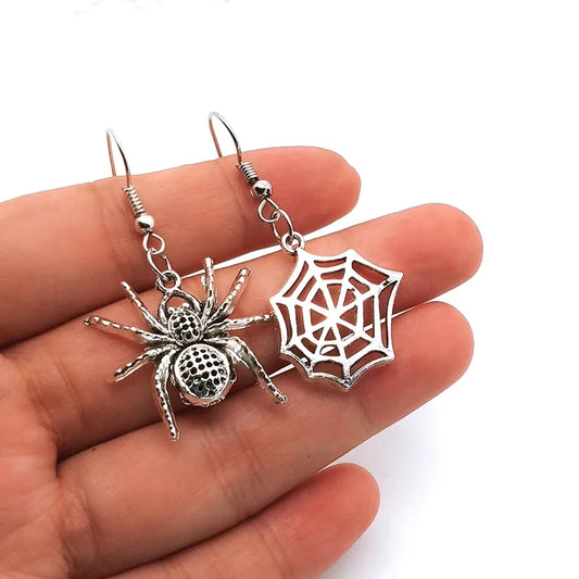 Asymmetrical Spider and Spider Web Dangle Earrings