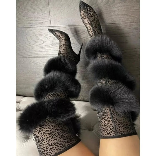 Leopard Print Faux Fox Fur Boots