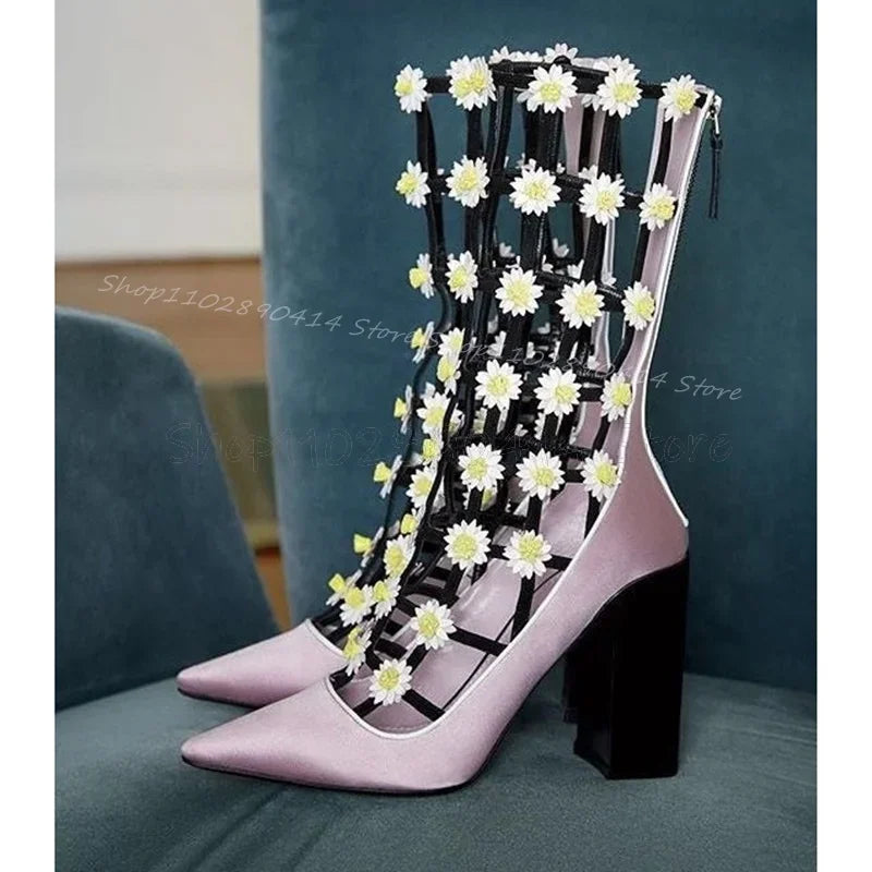 Flower Decor Purple Hollow Design Sandals Boots