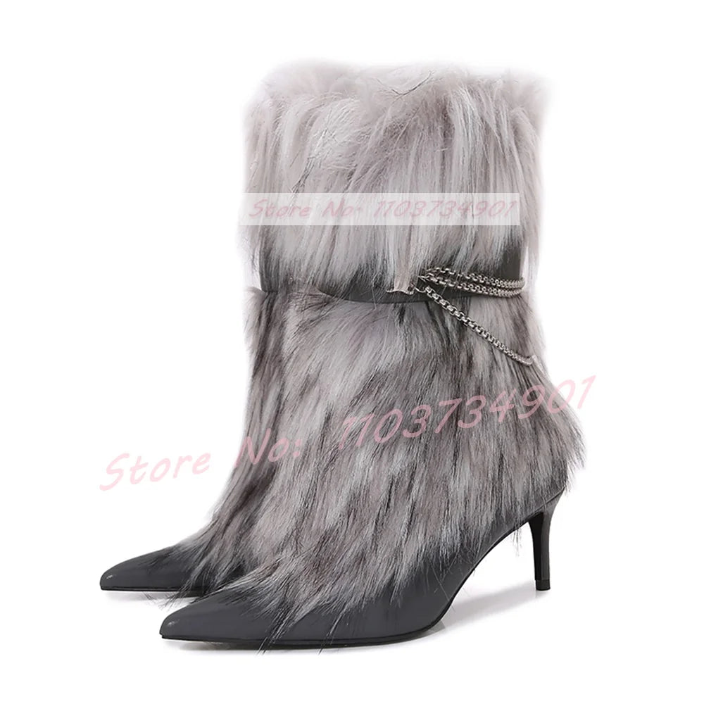 Sesito Furry Metal Chain Belt Buckle Stiletto Boots