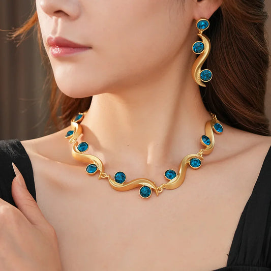 Round Wave Long Earrings Blue Rhinestone Jewelry Set