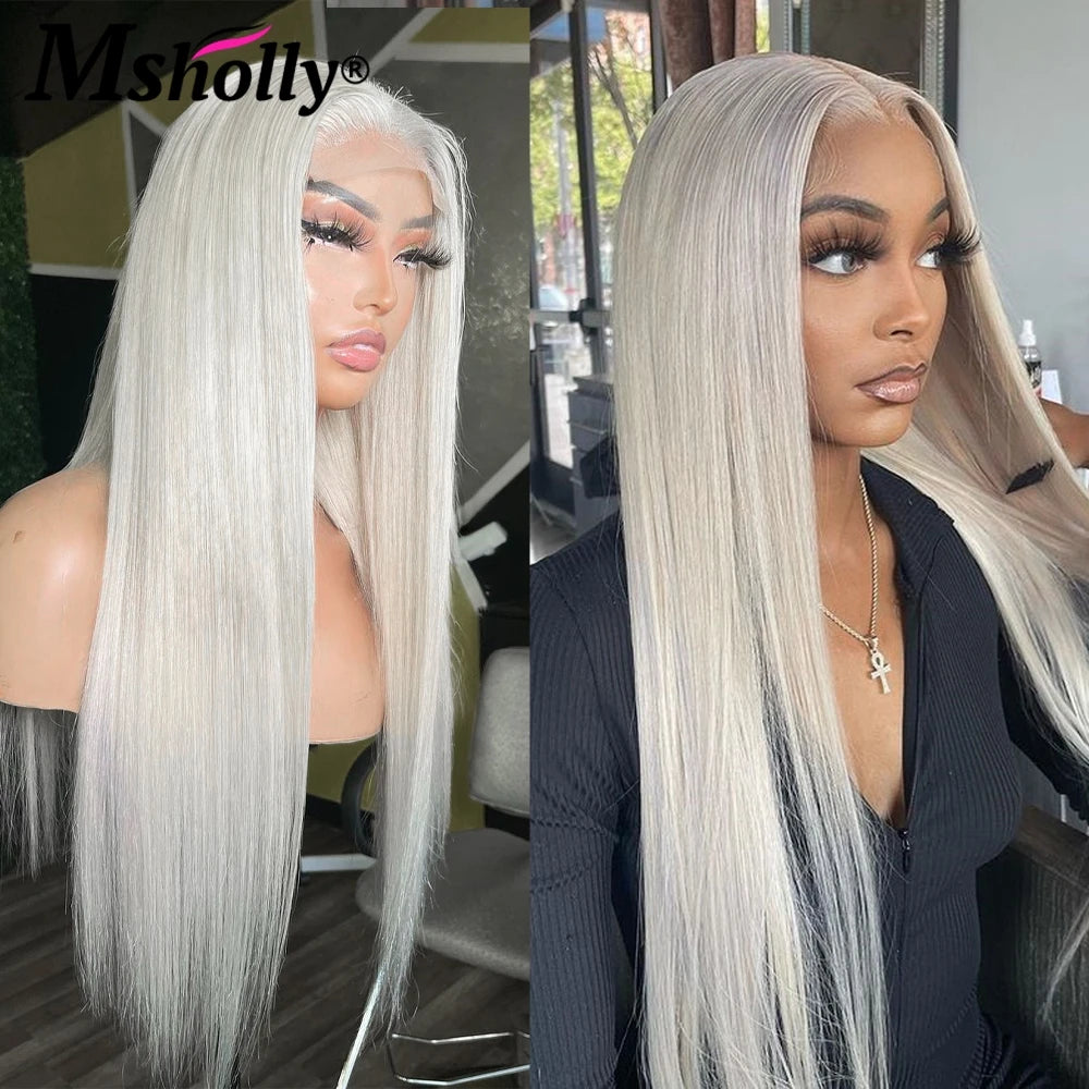 613 Platinum Straight Colored Lace Frontal Human Hair Wigs