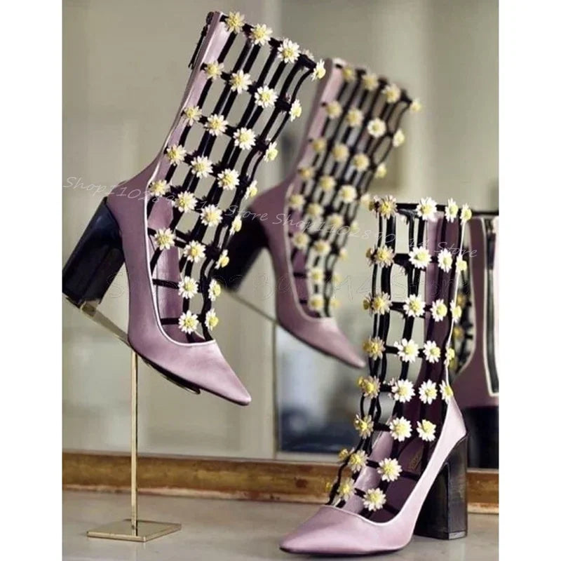 Flower Decor Purple Hollow Design Sandals Boots