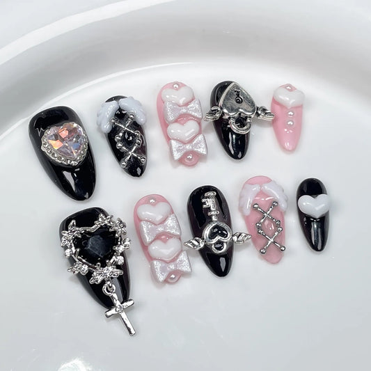 10Pcs Black Sweet Cool Handmade Press on Nails  - Full Cover Rhinestone