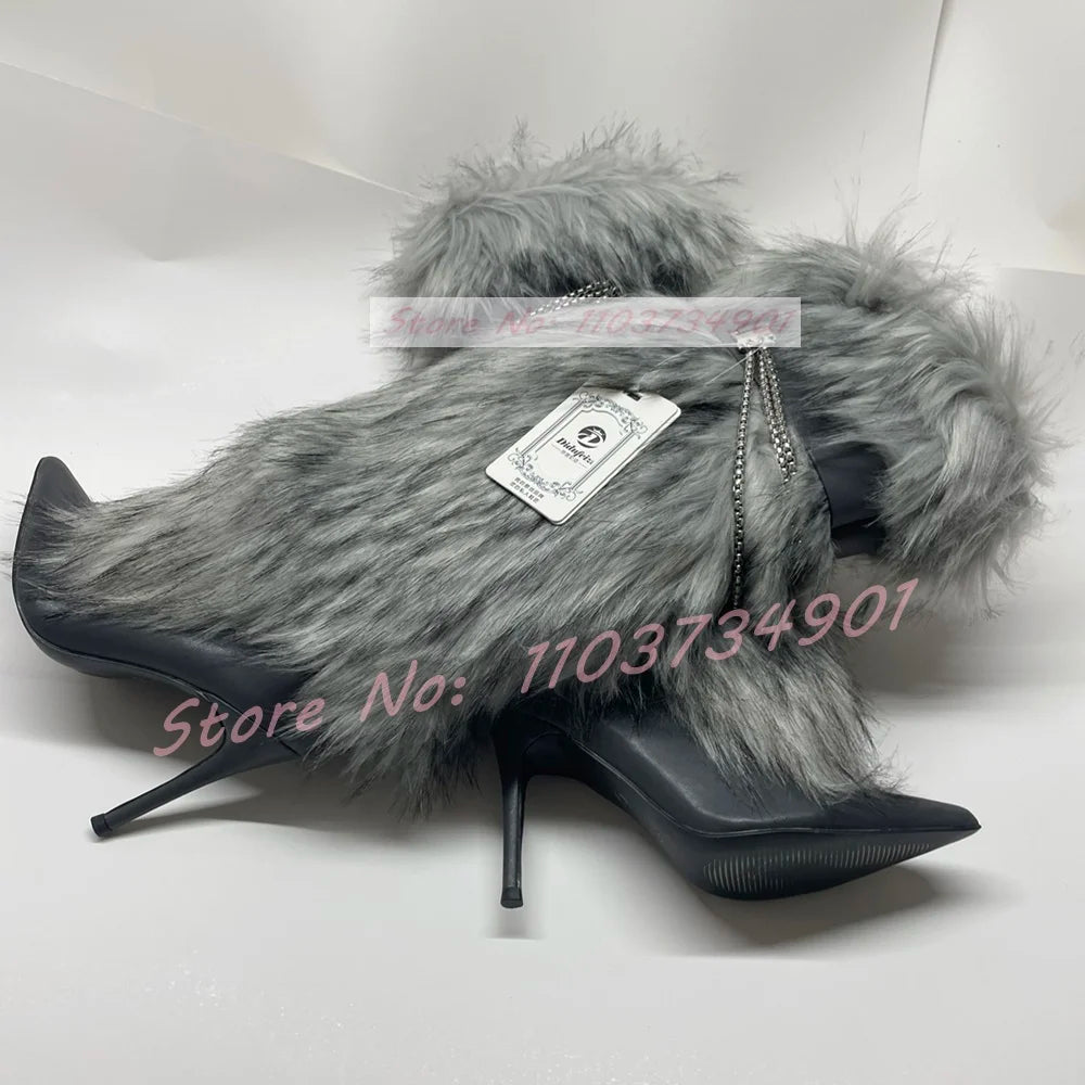 Sesito Furry Metal Chain Belt Buckle Stiletto Boots