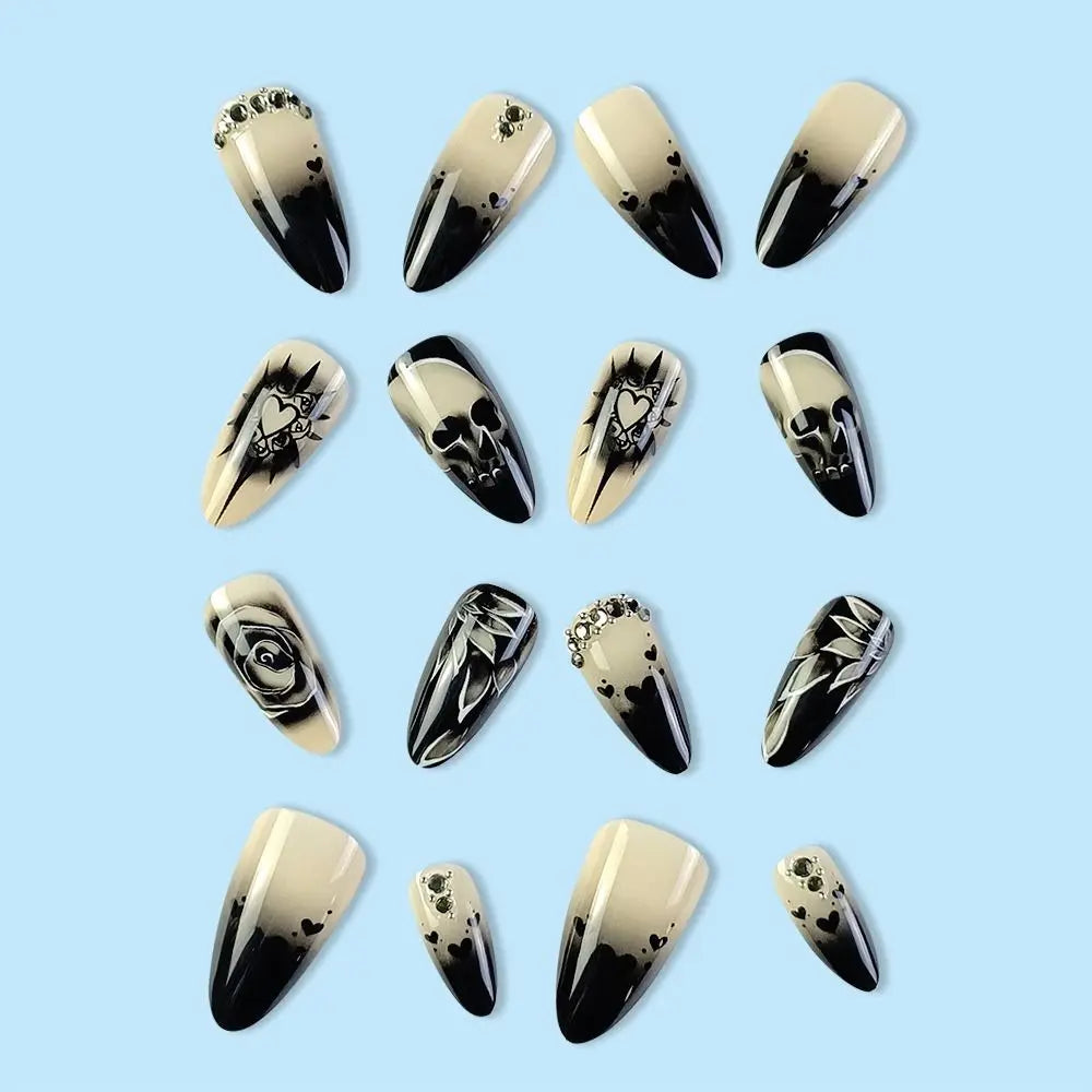 24pcs Rose Rhinestone Halloween Skull Fake Nails