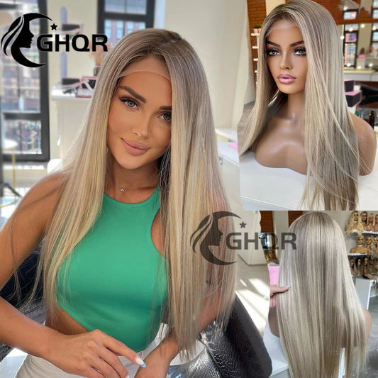 Human Hair Lace Frontal Wig - brown Roots , Density - 150%