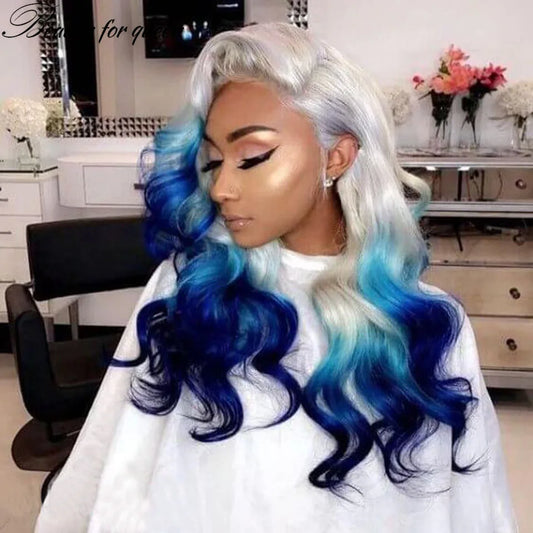 Beauty by Queen Ombre Blue Lace Front Human Hair Wigs