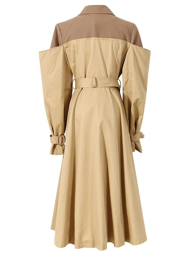 [EAM] Women Khaki Color-block Long Trench Coat